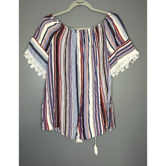Florence Florencia Striped Boho 100% Linen Top Womens M Off Shoulder Tomato Girl - Picture 8 of 12